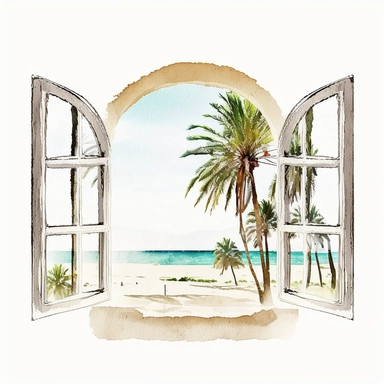 outside window summer beach scene watercolor white background clipart