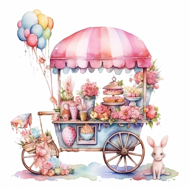 whimsical watercolour clip art against a white background easter themed white candy cart