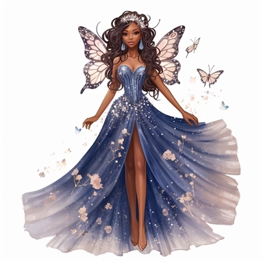glitter hand illustrated barbie inspirred brown skin fairy floral accents navy blue and sparkly sequins accented gown semi transparent flowy dress pretty wings hyper realistic watercolor smiling lips big eyes pretty fairy no background clipart style full body jewels gemstones sparkly diva with crown intricate details