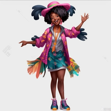 2d, beuatiful vibrant full body happy african american adult mickey mouse woman clipart, dark brown face, pink ears, wearing fun outfit and shoes, patting a smiling peacock, disneycore, cartoon realistic