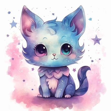 A watercolor painting of a cute blue cat with stars.