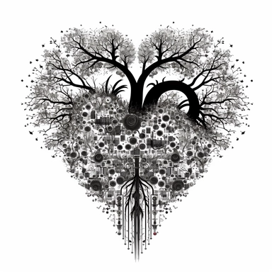 technological heart, filled with a tree, clipart, svg, black lines on white backround