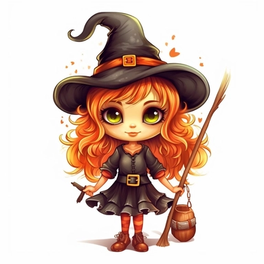 Little cute cartoon witch as clipart on white background