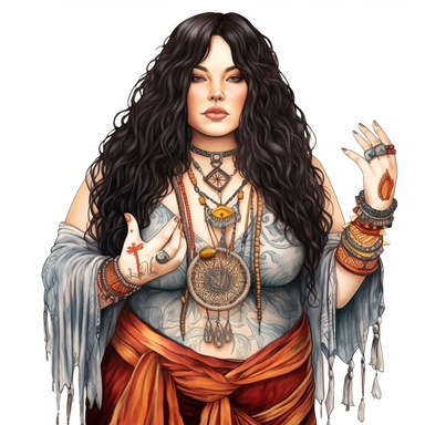 boho plus size woman, fair skin and black hair, modern, semi-realistic, spiritual, witchy, clipart, fantasy, white background, high quality, beautifully accurate illustrations