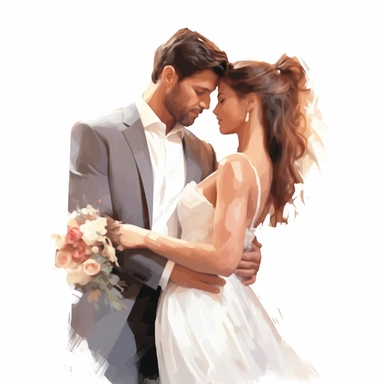 Wedding bride and groom, clipart, white background, in the style of elegant realism, muted and subtle tones, detailed painting, transparency and lightness