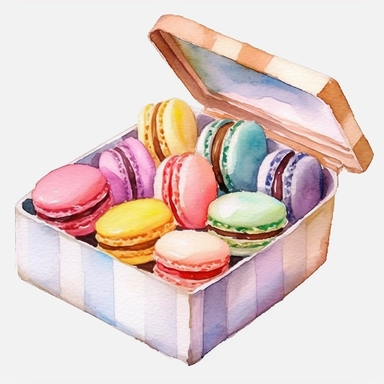 watercolor box of macarons, white and pale yellow alternating macarons, watercolor clip art, pale yellow box, white background, no other colors, highly detailed, clip art
