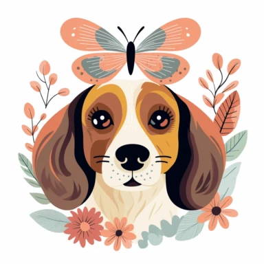 A cute dog clipart with a butterfly on its nose, in the style of Mary Blair, muted and pastel color palette, white background.