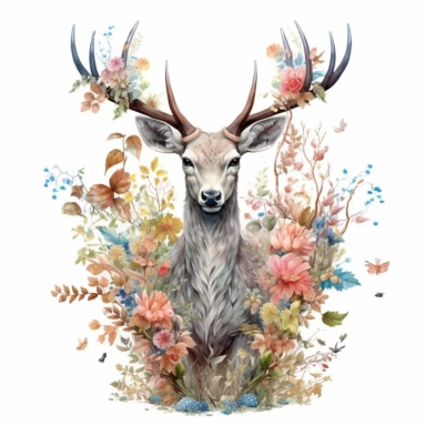 a cute floral standing deer flowers and plants stands tall and proud,DMT art style,The deer's eyes, large and expressive, possess a gentle and curious gleam,clipart,white background,hyper realistic,highly detailed