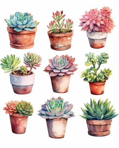 Succulents in pot Watercolor Cliparts Illustrations isolated on white background “Photorealism” taken with macro lens 100 mm on a full-frame camera