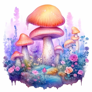 Watercolour Magic Mystical Mushrooms clipart watercolor style , dreamy color, anime style, ghibli , trippy , planet , stars, epic, flowers, Phantasmal Iridescent