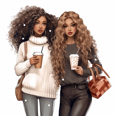 christmas african american best friends long curly hair clipart girlfriends,full body, fashion, pretty face. holding Chanel purse and Starbucks coffee illustration