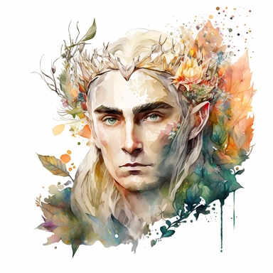 a big head elf from the hobbit, king of the elves, Thranduil , and big eyes , watercolor detailed, clipart, with flowers, white background, hd image, portrait.