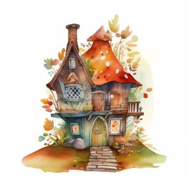 watercolor clipart of a tiny elf house with small details, vibrant colors, magical, mystical, celestial, high quality watercolor image on white background