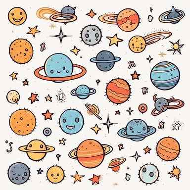 clip art designs of outer space, planets, aliens, stars, moons, suns, white background