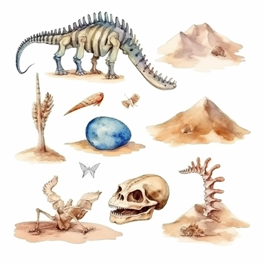 bones of dinosaurs in sand, clipart set on white background, watercolor