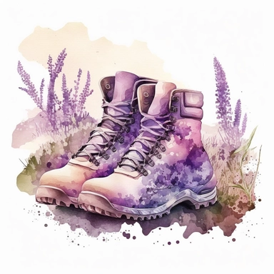water color hiking boots for girls, realistic look, at summer on a windy day at a lavender field, light pink colors, clipart, hd, white background