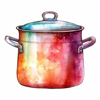 watercolour cooking pot, clipart on white background, no watermark, highly detailed, professional color gradation, clean sharpness