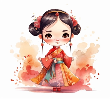 cute adorable little Chinese princess character watercolor clipart, full body, disney, pixar