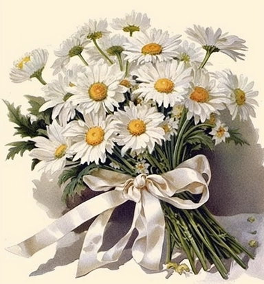 DESIGN A MAGNIFICENT AND EXQUISITE BREATHTAKING ONE-OF-A-KIND HIGH QUALITY HIGHLY DETAILED MASTERPIECE WATERCOLOR CLIPART ILLUSTRATION OF A bouquet of daisies with ribbon and a bow, in the style of steve hillier, i can't believe how beautiful this is, graphical, hinchel or, cassius marcellus coolidge, joyful, soft-edged