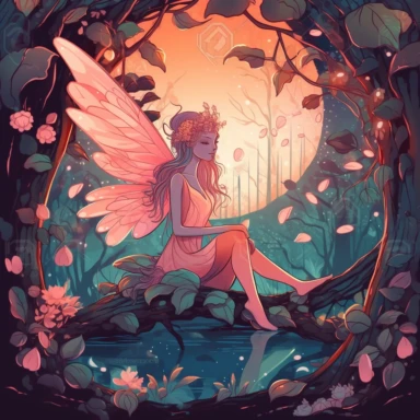A mesmerizing fairy in a mystical forest, delicate wings shimmering with iridescent colors, surrounded by glowing flowers and soft moss, Enchanted forest with ancient trees and dappled sunlight, Serene and magical atmosphere, Clipart, using flat colors and simple shapes to depict the scene