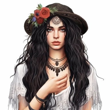 boho woman, modern, fair skin and black hair, semi-realistic, spiritual, witchy, clipart, fantasy, white background, high quality, beautifully accurate illustrations