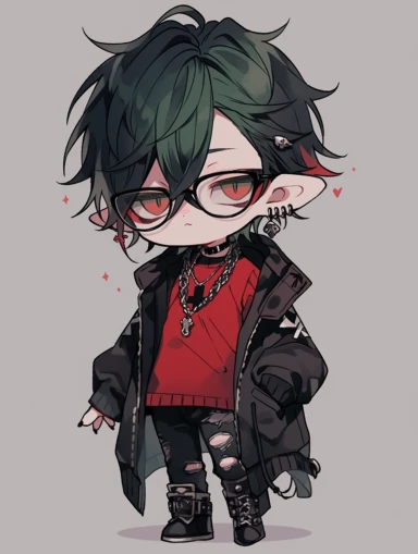 chibi, simple, anime boy, messy dark green hair, red eyes, sharp teeth, choker necklace, grey black striped sweater, black pants, hair clip, goth, punk, red, gothic, lip ring, round glasses, pointed ears, vampire, black jacket, full body, man, male, tattoos