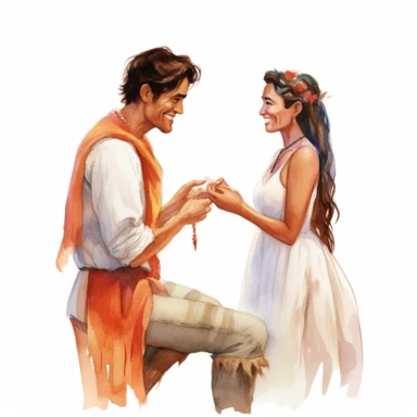 Fair-skinned bride and Indigenous groom, exchanging wedding rings, joyful and excited, watercolor, Pixar style, Clipart on a white background.