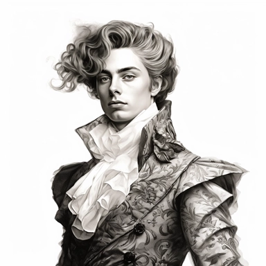 beautiful stunning handsome boy in vintage baroque fashion , paint art style, clipart, white background, superrealistic, one of a kind