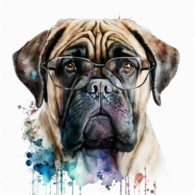 a watercolor painting of a English Mastiff with glasses, clipart, white background