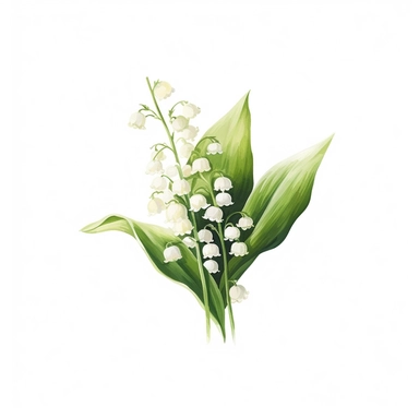 Enchanting spring lily of the valley clipart against a pristine white background. The illustration showcases a bunch of delicate lily of the valley flowers with tiny white bell-shaped blooms and lush green leaves. The white background adds a modern and fresh feel, allowing the lilies of the valley to exude their enchanting beauty. The lighting is subtle and luminous, casting a gentle glow on the flowers. The atmosphere exudes a feeling of elegance and natural grace.