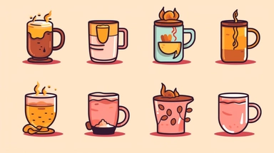 Warm Drinks vector clipart vector Warm Drinks cute collection, in the style of #screenshotsaturday, flat areas of color, flat color blocks, 1970–present, rough-edged 2d animation, lightbox, colorful animation stills