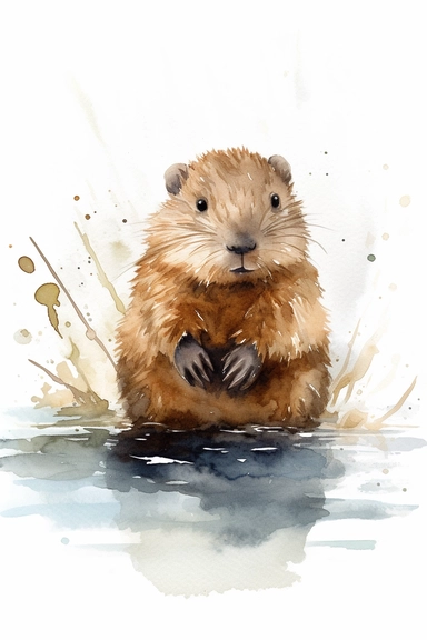 Watercolor Clipart, cute Baby beaver in water, isolated white background