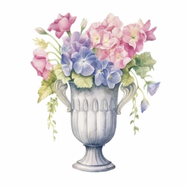 Design a dreamy watercolor clipart of an asian Stone planter with a Bouquet of fresh and dewy flowers such as lilies, roses, and hydrangeas arranged in a refreshing and crisp design composition, hand-painted with soft and graceful brushstrokes. Draw inspiration from the artistic finesse of Ethereal Petals Watercolors for a refined and ethereal depiction. isolated on a white background, hand-drawn illustration, hand-painted watercolor texture, 16k UHD resolution, intricately detailed, sharp focal