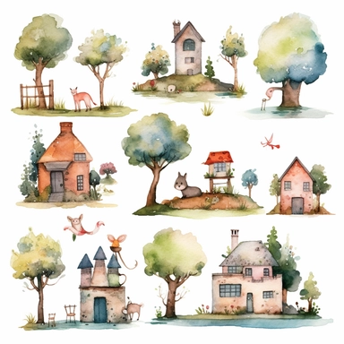 watercolor clipart set computer characters landscape