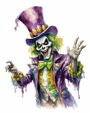 watercolor clipart of a mardi gras zombie , isolated on white background, hyper realistic