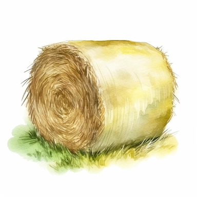 side view realistic watercolor drawing of a greenish & yellowish bale of hay in a cotton field, on a white background where the background will be removed to repurpose as a clipart.