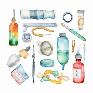 Kids-friendly medical equipment, such as stethoscopes, thermometers, and syringes, with friendly and approachable designs, watercolor png clipart on a white background