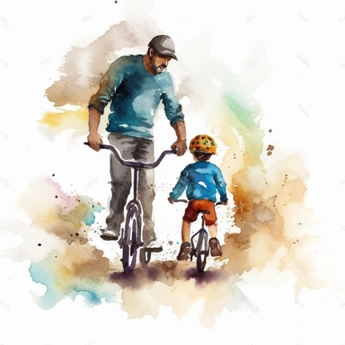 Image of a father teaching his child to ride a bike or skate, water color style, clipart, white background