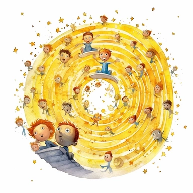 a lot of little yellow stars flying in a spiral. Pixar childrens book cartoon style, detailed, modern, urban, watercolor, full color, flat color, white background, children book illustration. Watercolor clipart. Pixar animation