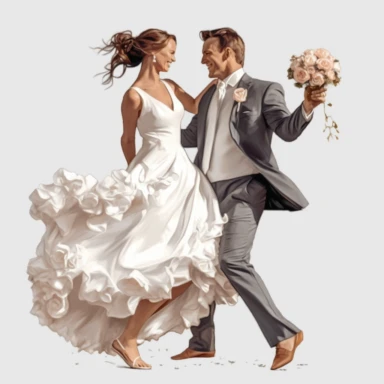 drawing, illustration of the bride and groom, the bride in a short beautiful dress above the knees, very beautiful, slender bride, laughing, wedding dance, holding a bouquet, flowers, clipart, high resolution image, detailed image, photorealistic, 3D, 4K