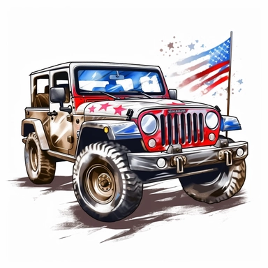 Military jeep equipped for USA independence day, painted in flag colors, Pixar style, vibrant colors, clipart with white background, - - v 5