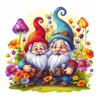 gnomes in spring, floral, colorful, clipart, vector image, black outlines, trending on artstation, isolated white background,