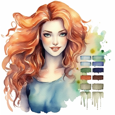 watercolour clipart of a woman, with crazy brown hair, blue-gray eyes, the sweet and scatterbrained dreamer, with a great sense of humor. She immerses herself in the world of digital design, creating exquisite papers for scrapbook albums. Though she may often forget things, her delicate touch and gentle nature shine through her artistry, make her smiling, exalted mood, white background, 8k, f1