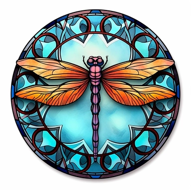 watercolor, This is a stunning piece of digital artwork that embodies the vintage charm and sophisticated aesthetics. It is a beautifully designed faux stained glass dragonfly sublimation clipart, rendered in a delightful round shape that enhances its unique appeal. The image is captivating, presenting an intricate, hyper-realistic portrayal of a dragonfly. The artwork's style bridges the gap between classic cartoon illustrations and modern hyper-realistic techniques, providing a visually dynami