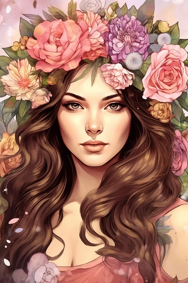 portret of a beautiful woman, brown hair, dressed in peonies floral headdress, freckles, style by Lusy Fleming, folk art, watercolor, clipart elements, smooth gradients, black contour outline, ultra detailed, colorul background, super clear, high quality