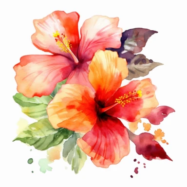 Watercolor Tropical Hibiscus Clipart by Thomas W. Schallerof: A vibrant and exotic design featuring tropical hibiscus flowers in shades of pink, orange, and red on a white background. The flowers are different-size and bold, while the leaves are thick and tropical, creating a lively and festive composition