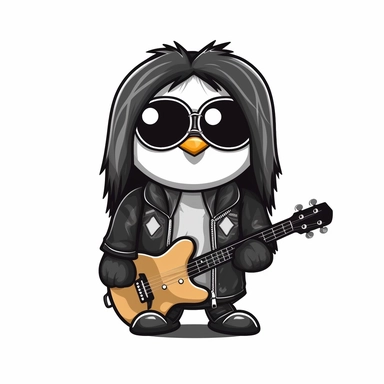 simple 2d minimalistic clipart of a cute Penguin with big eyes and long hair, Dressed in a leather jacket, sunglasses, and holding a guitar. black outlines on a white background