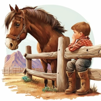 This prompt will generate high quality and BEAUTIFUL clipart of a brown Horse eating hey by barn 10 year old, brown haired, boy sitting on fence post, farm in background that you can use as designs fictional book Samson talking to Henry