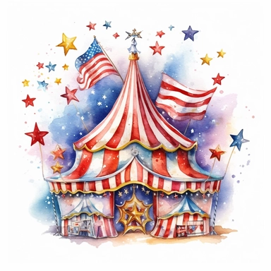 Watercolor style circus acts, rainbow colours with stars, stripes and pokka dots. hyper realistic detailed clipart, on a white background