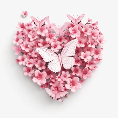 3D exceptionally beautiful pink flowers and butterflies in 3D, heart shaped, clipart, white background